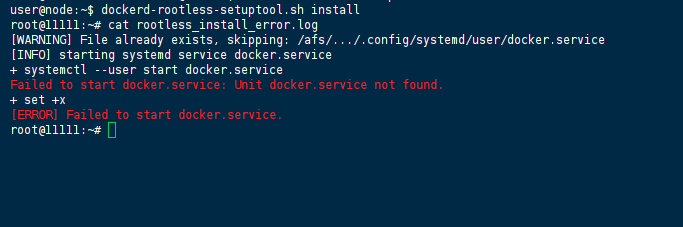 Terminal output showing Rootless Docker installation failure unit docker.service not found