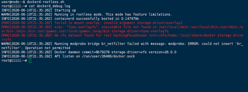 Docker daemon logs showing storage driver fallback to vfs and br_netfilter operation not permitted error