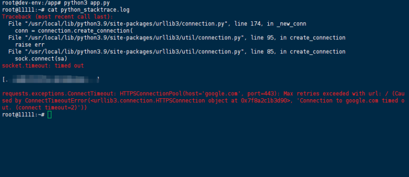 Python Traceback showing requests.exceptions.ConnectTimeout in app.py