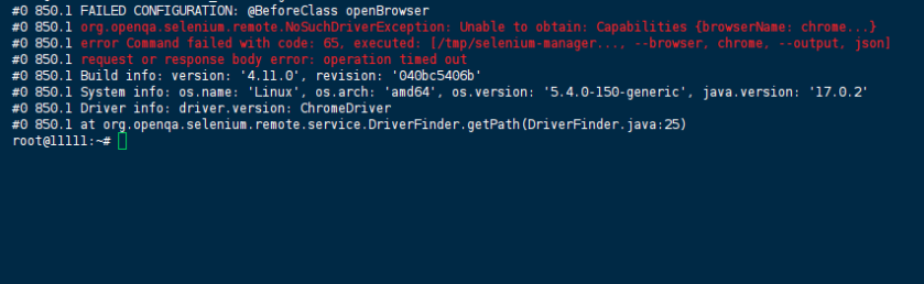 Docker build log showing Selenium NoSuchDriverException due to timeout