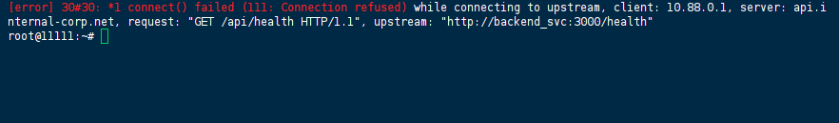Nginx error log output showing 111 Connection refused while connecting to upstream backend service