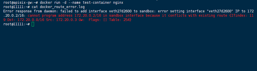 Docker error log showing interface veth IP conflict with existing route table entry