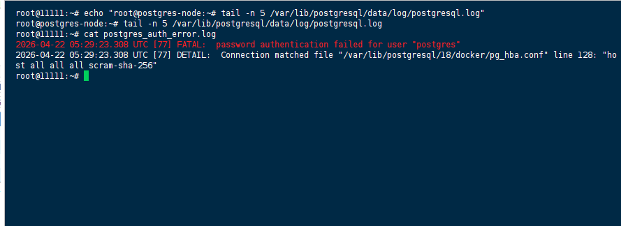 PostgreSQL server log showing FATAL password authentication failed for user postgres