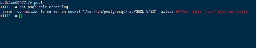 Terminal output showing PostgreSQL psql FATAL role root does not exist error inside container