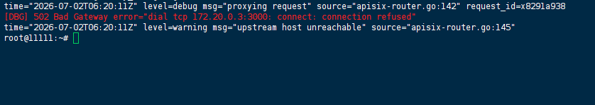Terminal log showing gateway 502 Bad Gateway error dial tcp connection refused to upstream container