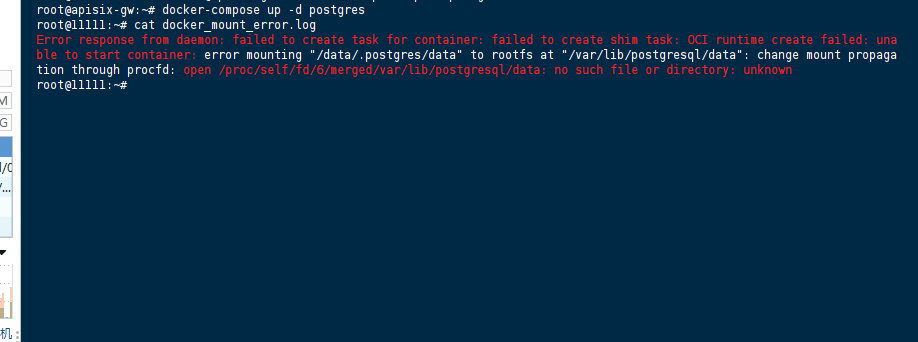 Docker daemon error log showing OCI runtime create failed mount propagation issue