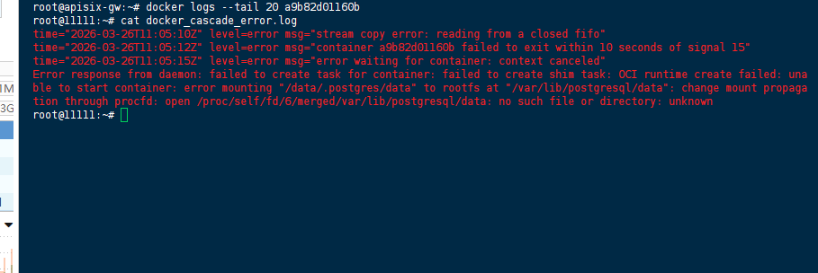 Docker logs showing container exit failure and OCI runtime mount propagation error