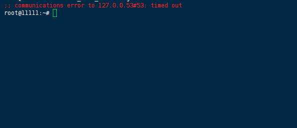 Terminal output showing dig command communications error to 127.0.0.53 timed out